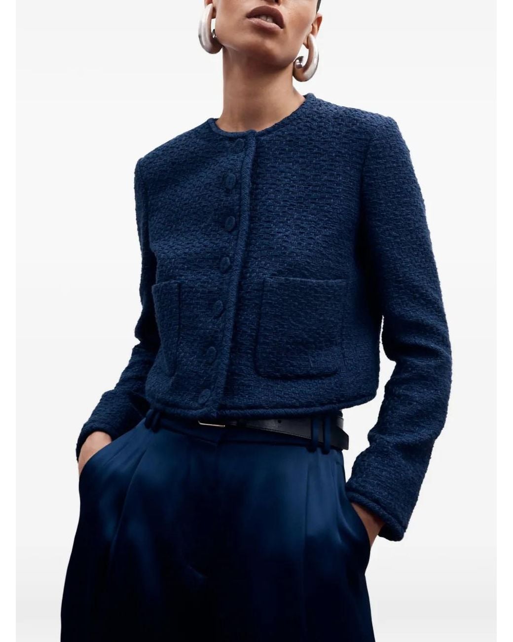 Another Tomorrow Blue Veste En Tweed À Coupe Crop