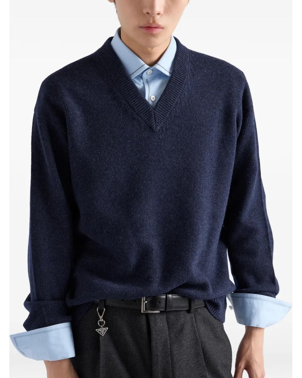 Prada Blue Re-Cashmere V-Neck Sweater for men