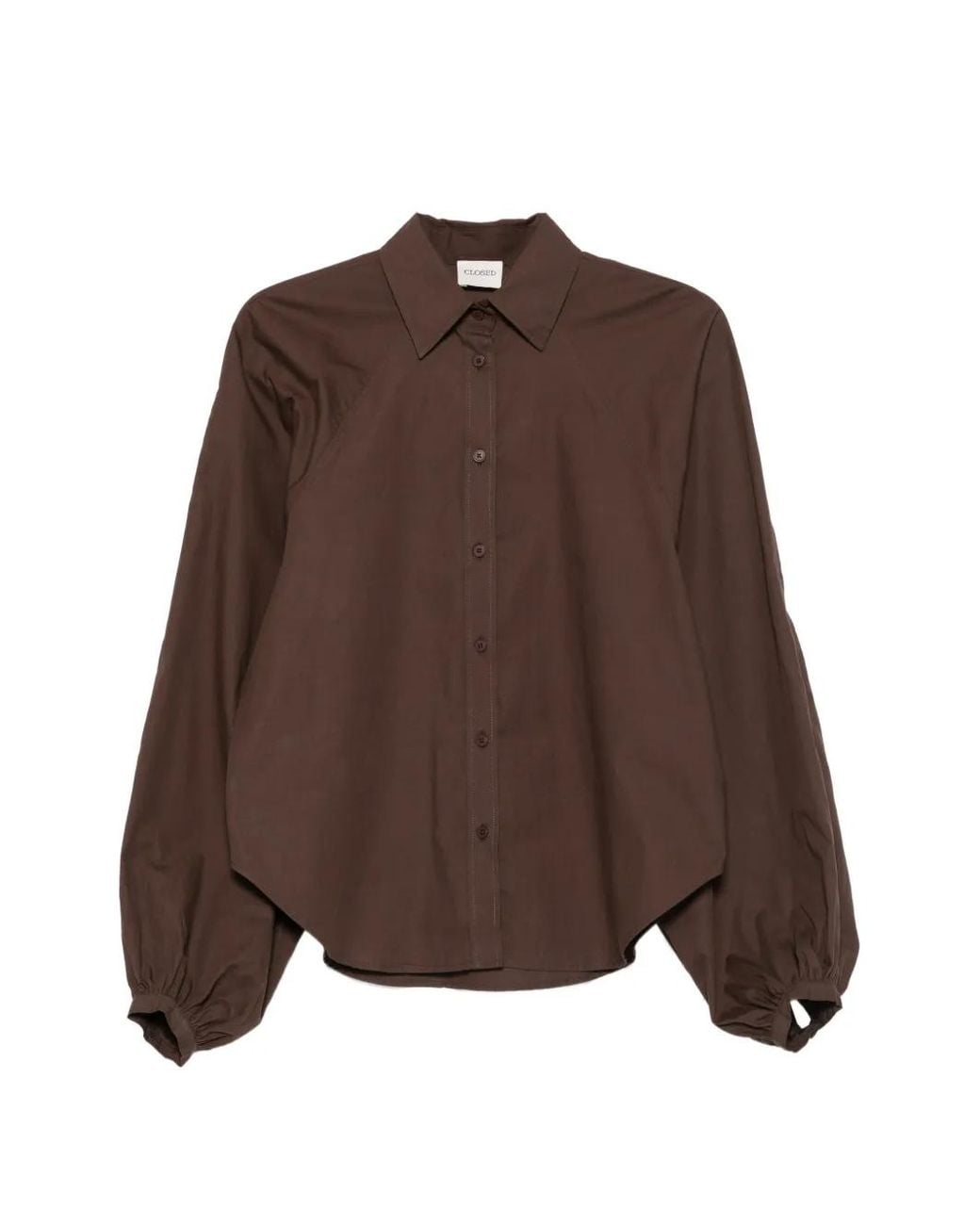 Closed Brown Deep Blouse With Classic Collar And Puffed Sleeves