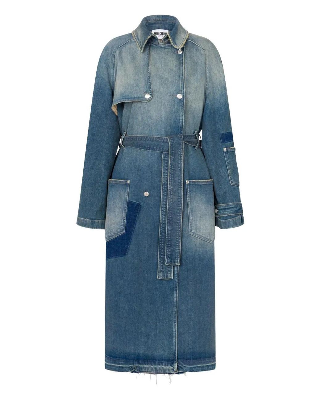 Moschino Blue Mid-Length Denim Coat With Belted Waist
