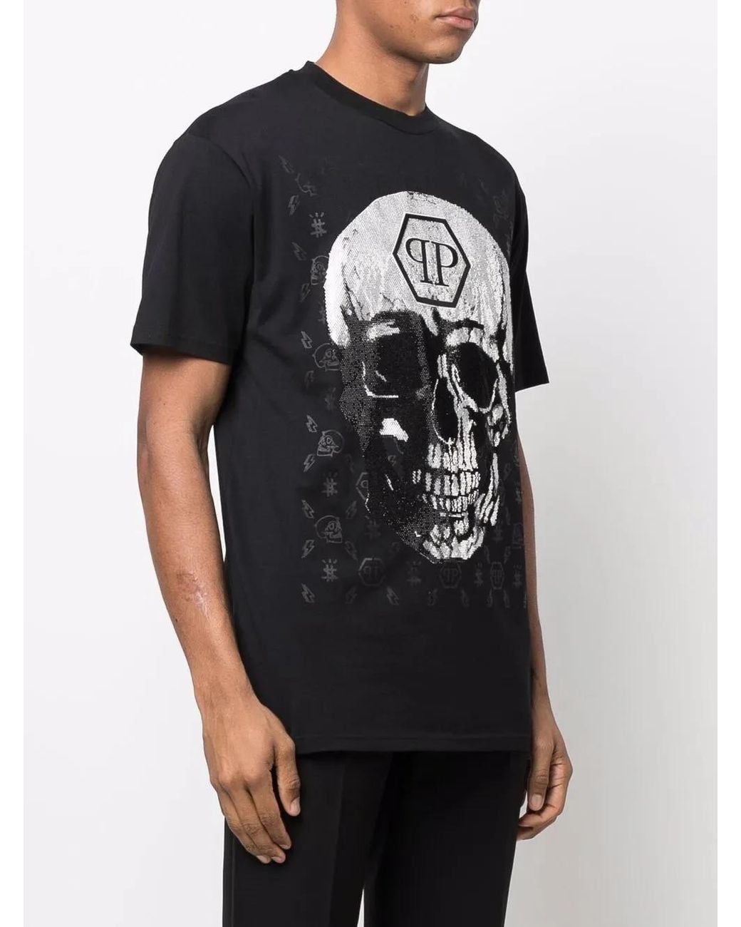 Philipp Plein Black Gem-Embellished Skull Logo-Graphic T-Shirt