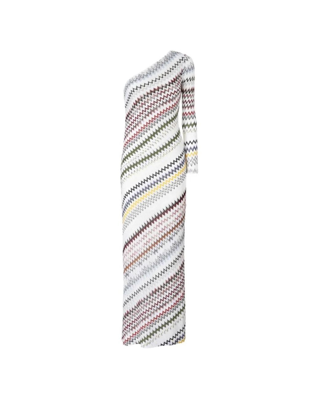 Missoni White One-Shoulder Long Dress With Herringbone Pattern
