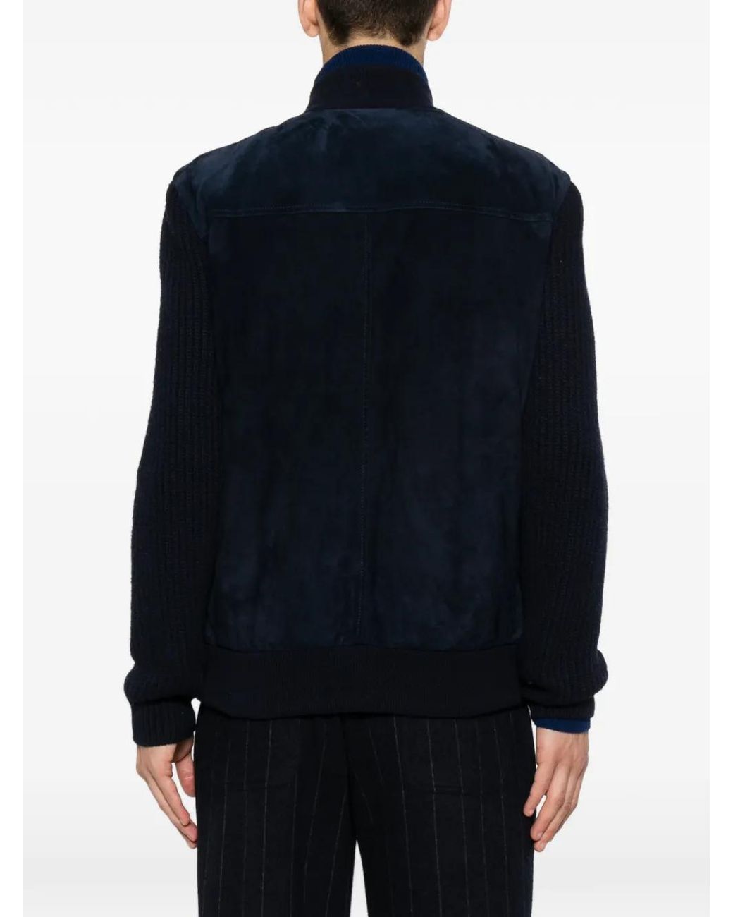 Eleventy Blue Suede-Panelled Ribbed-Knit Jacket for men