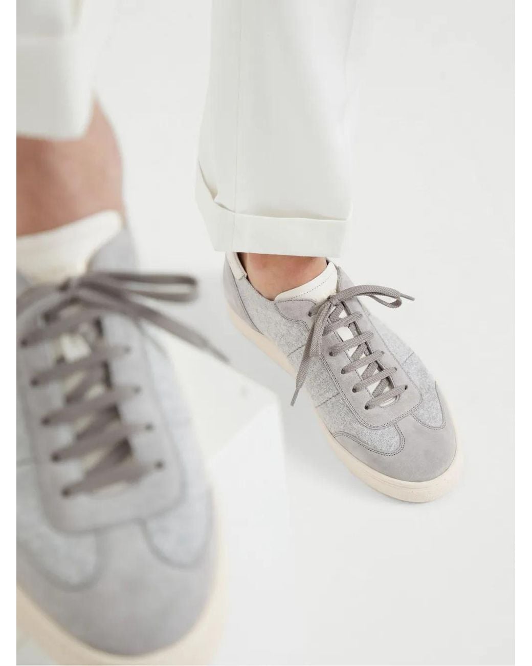 Brunello Cucinelli White Cotton Knit, Suede And Soft Calf Sneakers for men