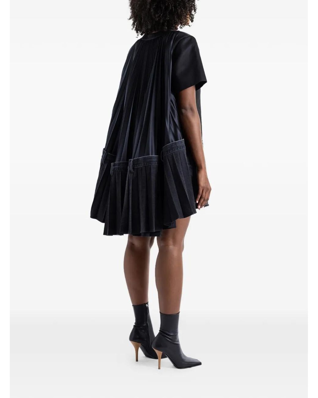 Sacai Black Hybrid Denim Pleated Asymmetric Dress