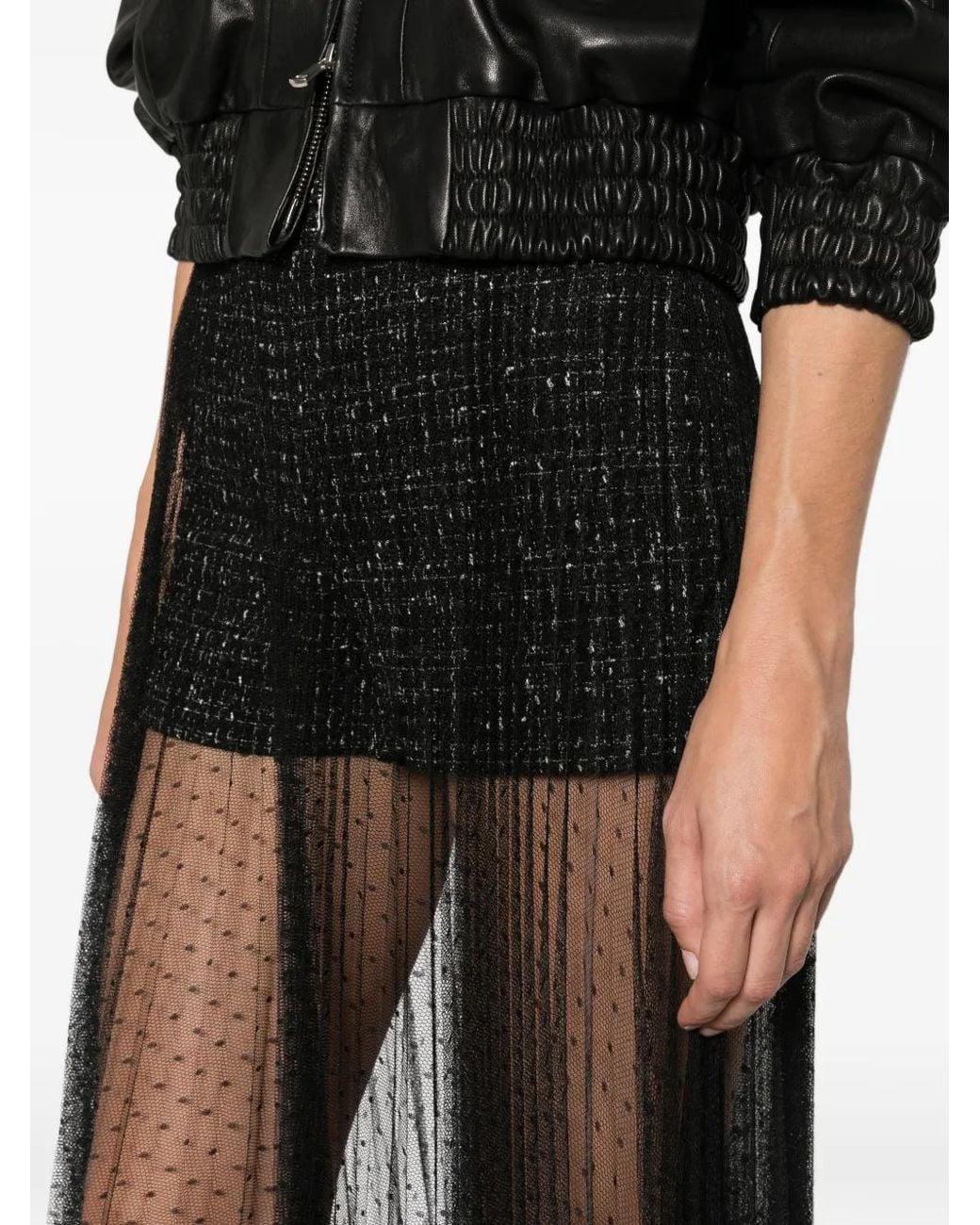 Twinset Black Bouclé-Knit Tulle-Overlay Short