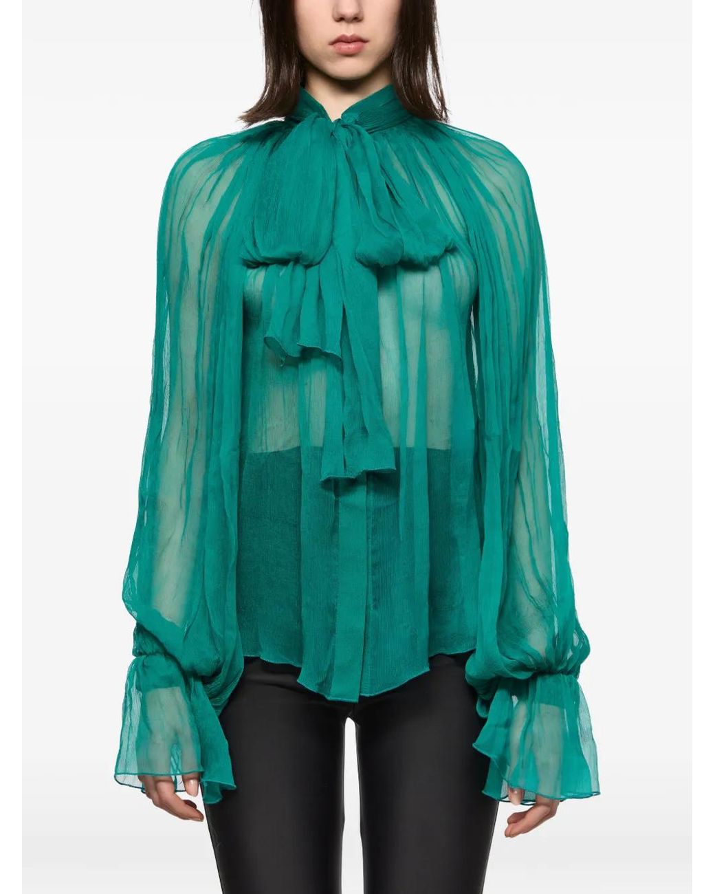 Atu Body Couture Blue Attached-Scarf Ruffled Blouse
