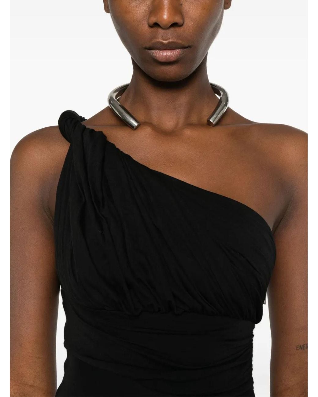 Rick Owens Black One-Shoulder Draped Midi Dress