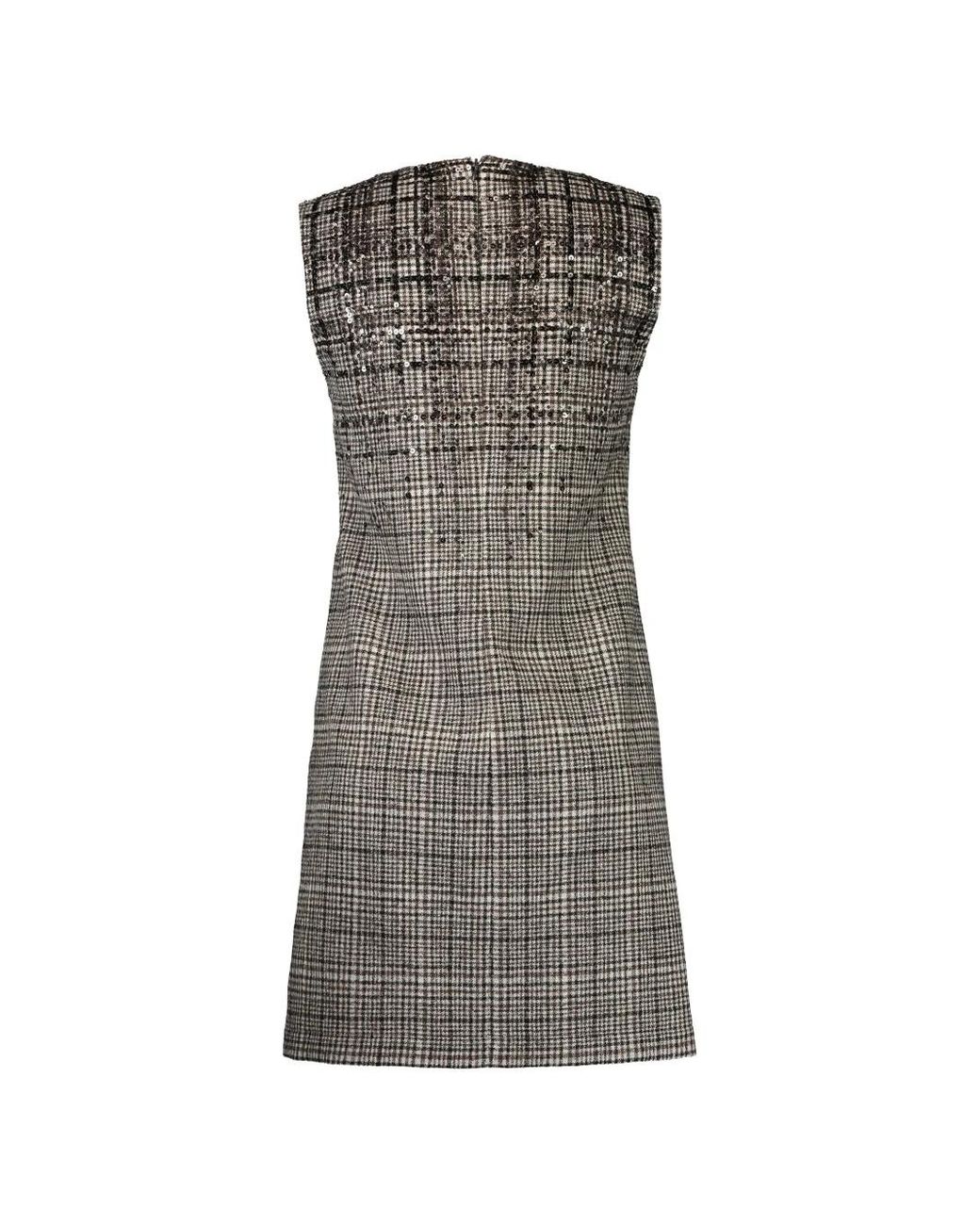 Brunello Cucinelli Gray Sequin-Embellished Check-Pattern Dress