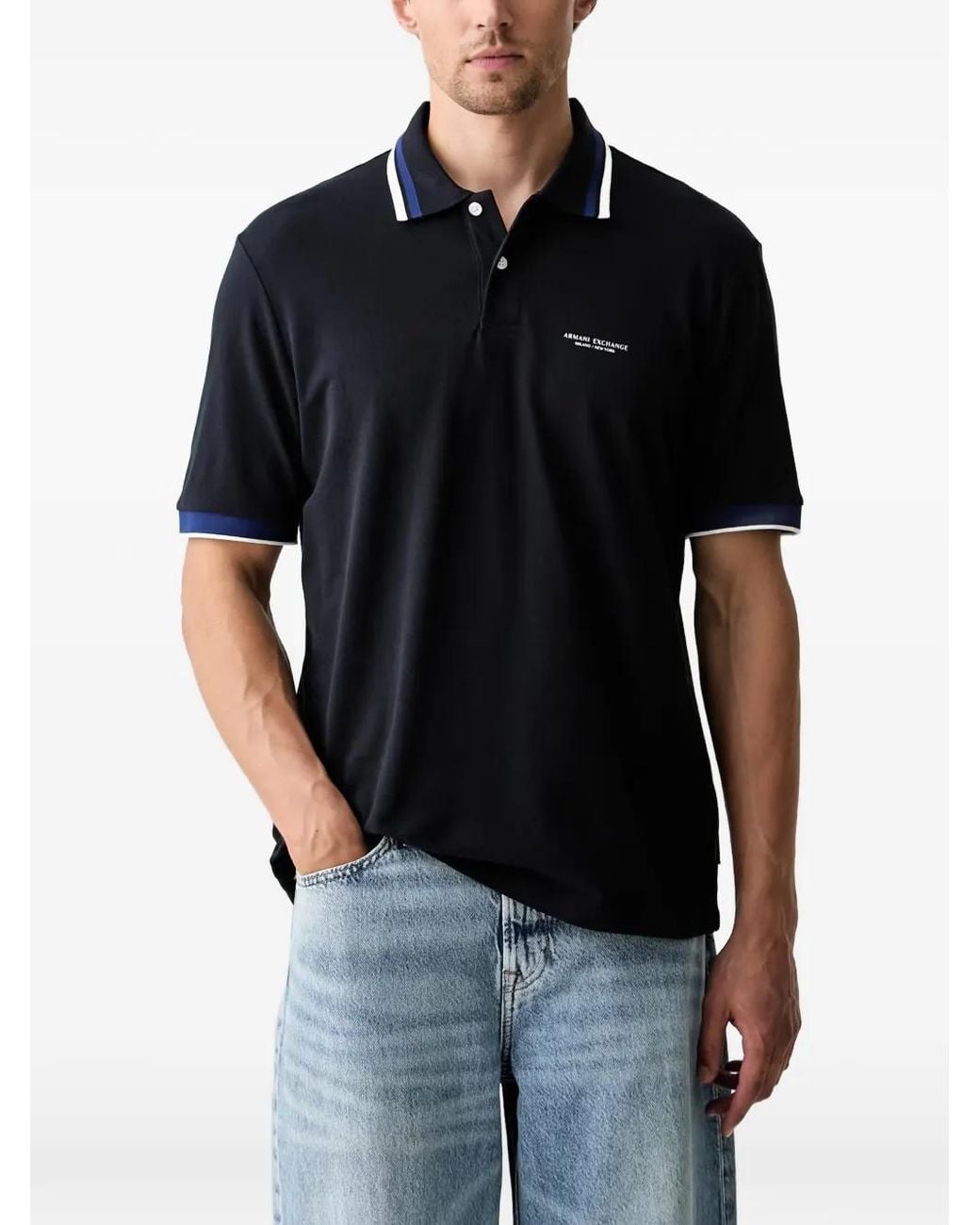 ARMANI EXCHANGE Black Logo-Print Tipped Polo Shirt for men