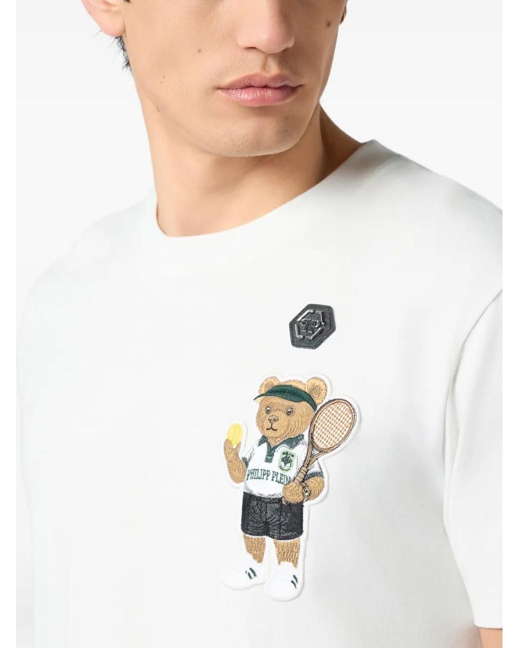 Philipp Plein White Round Neck T-Shirt Teddy Tennis Patch for men