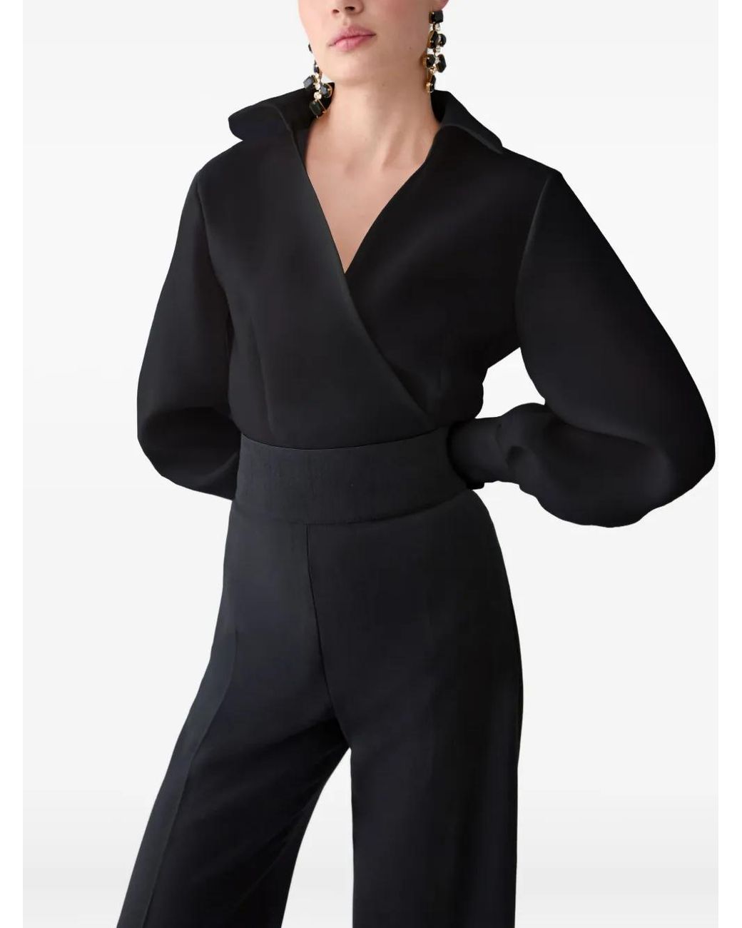 Carolina Herrera Black Puff-Sleeve Wrap Top