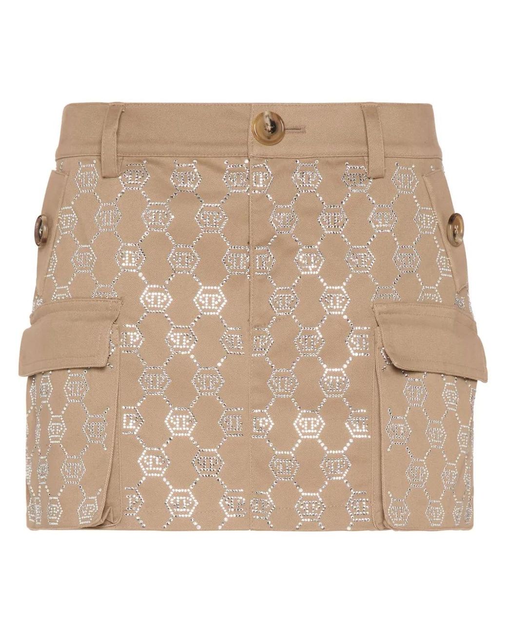 Philipp Plein Natural Cargo Mini Skirt Strass Monogram