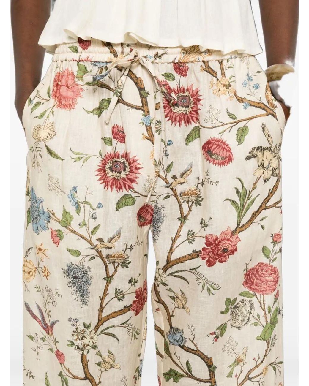 Into The East Natural Floral-Print Linen Trousers