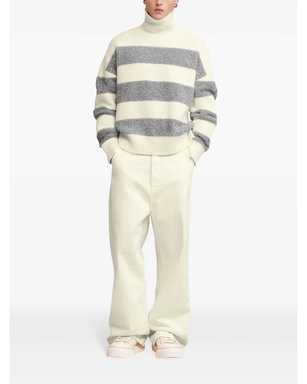 AMI Gray Funnel Neck Lurex-Striped Jumper
