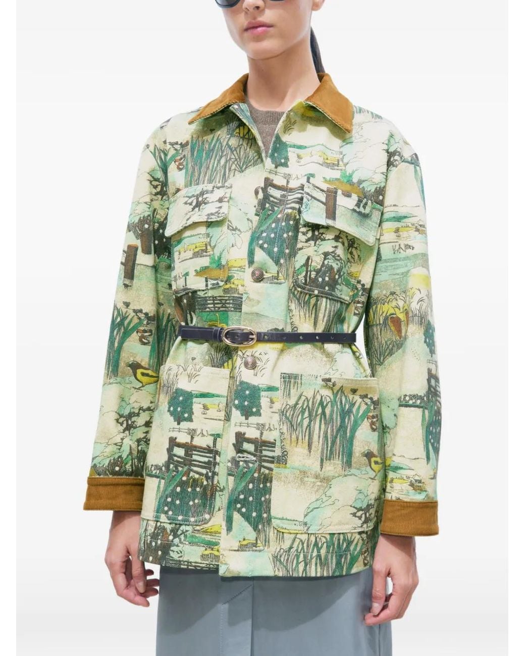 Tory Burch Green Printed Denim Barn Jacket