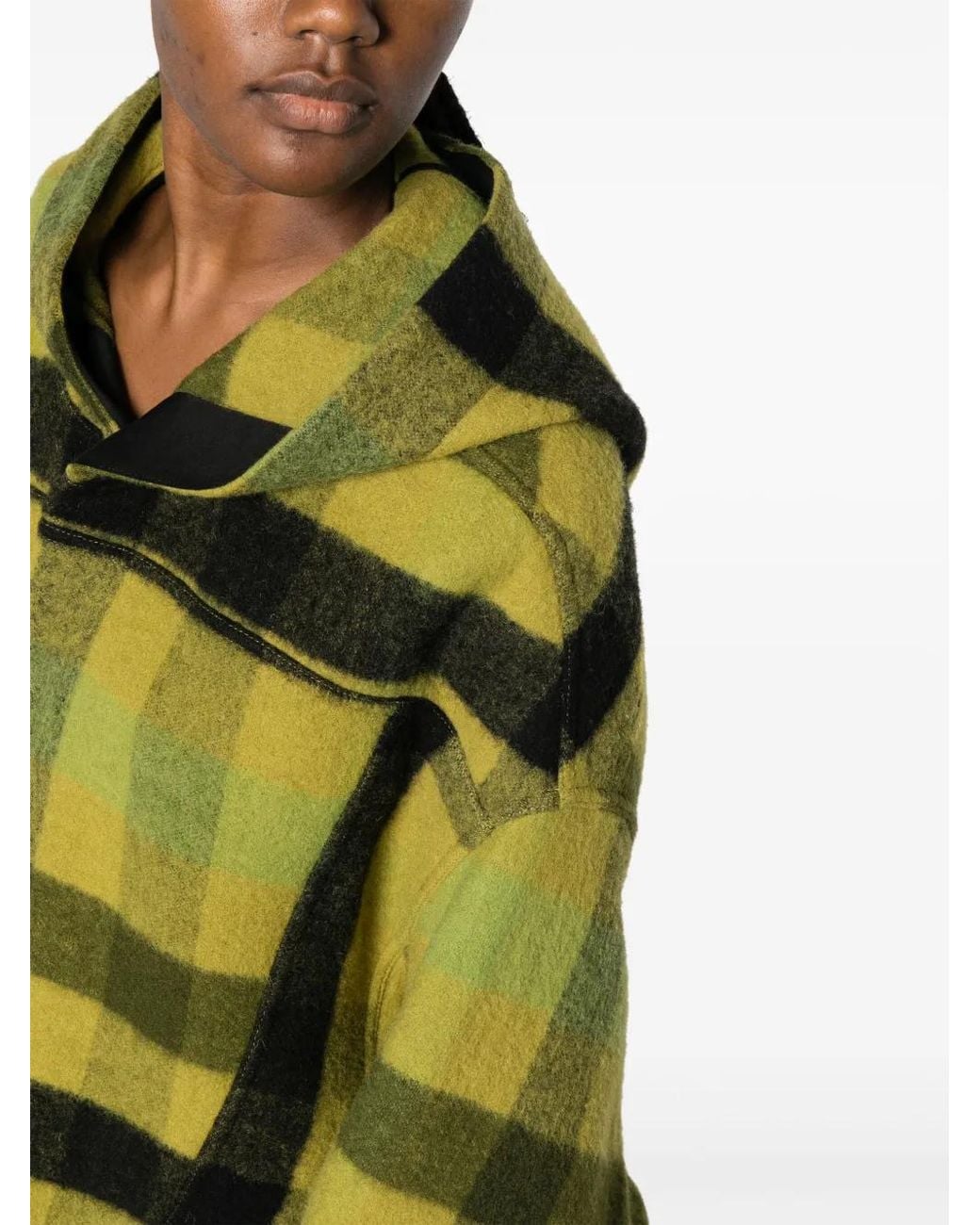 Rick Owens Green Checked Hooded Wool Jacket