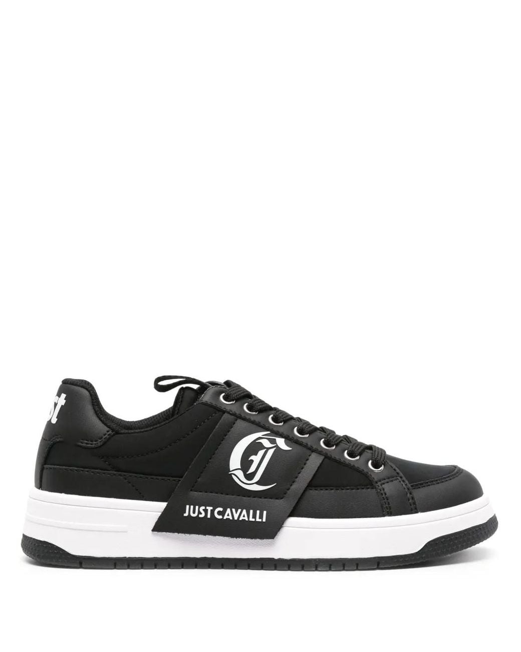 Just Cavalli Black Logo-Print Leather Sneakers