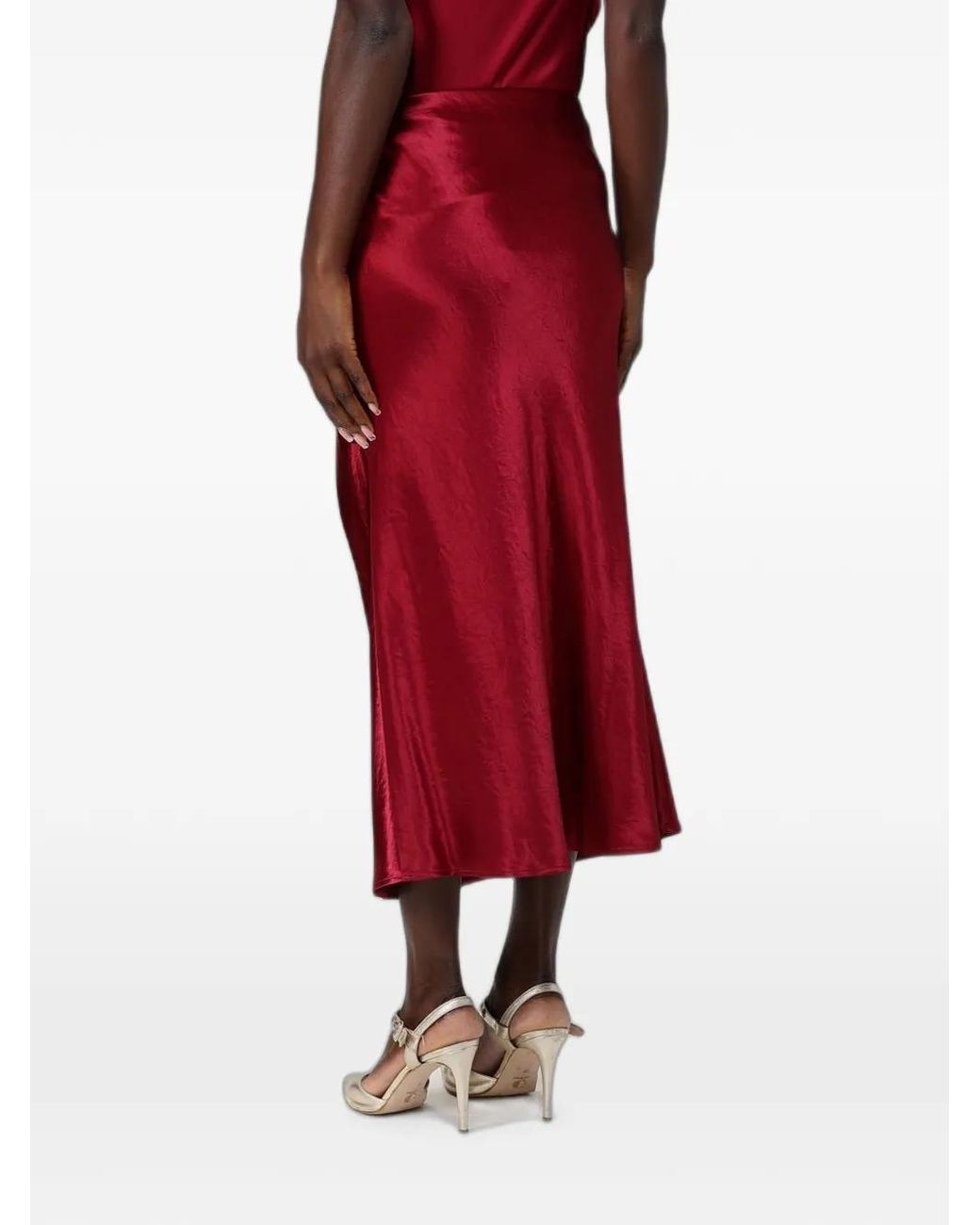 Max Mara Red Satin-Finish Silk Midi Skirt
