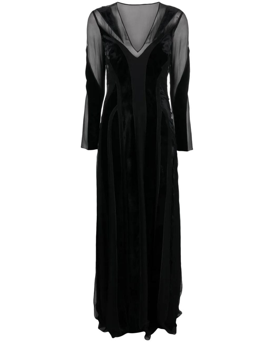 Alberta Ferretti Black Sheer-Panelled Velvet-Trim Maxi Dress