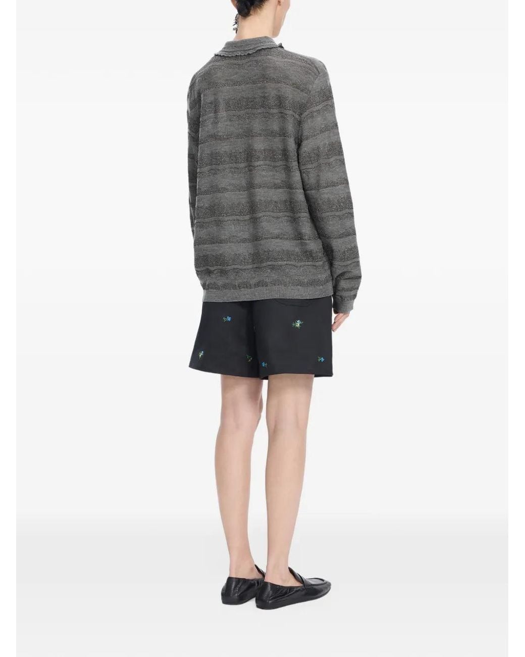 JNBY Gray Striped Textured-Knit Polo Shirt