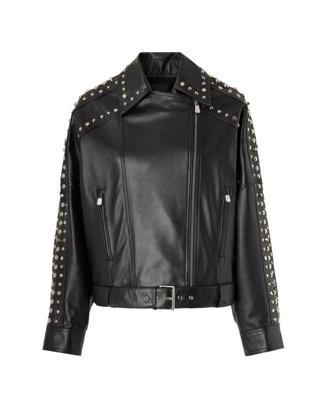 Pinko Black Nappa Leather Biker-Style Jacket With Studs