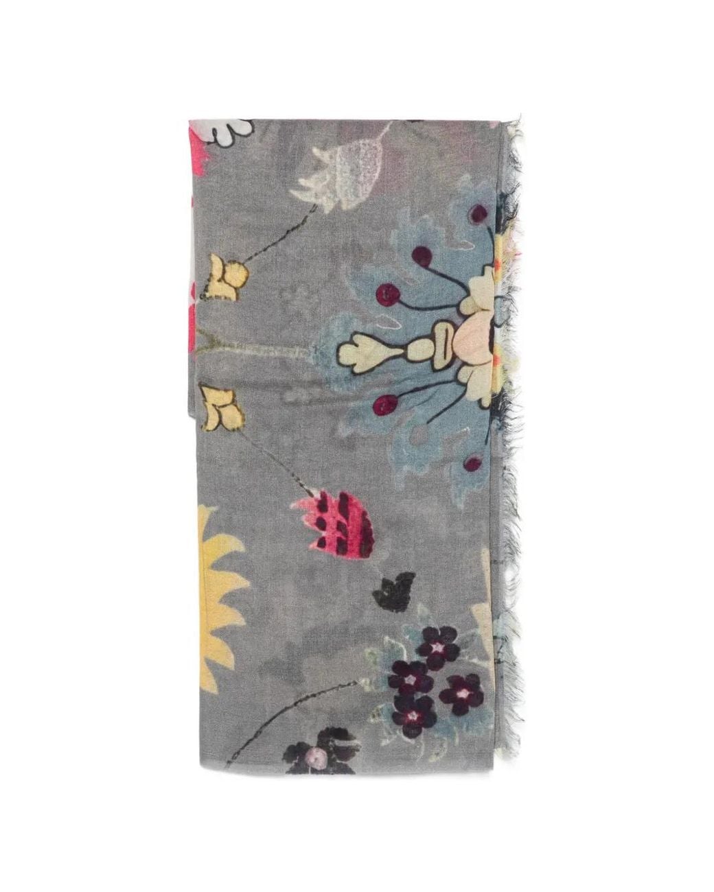 Mouleta Gray Floral-Print Frayed Scarf