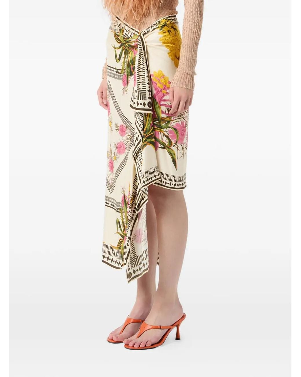 Blumarine White Asymmetric Floral-Print Skirt