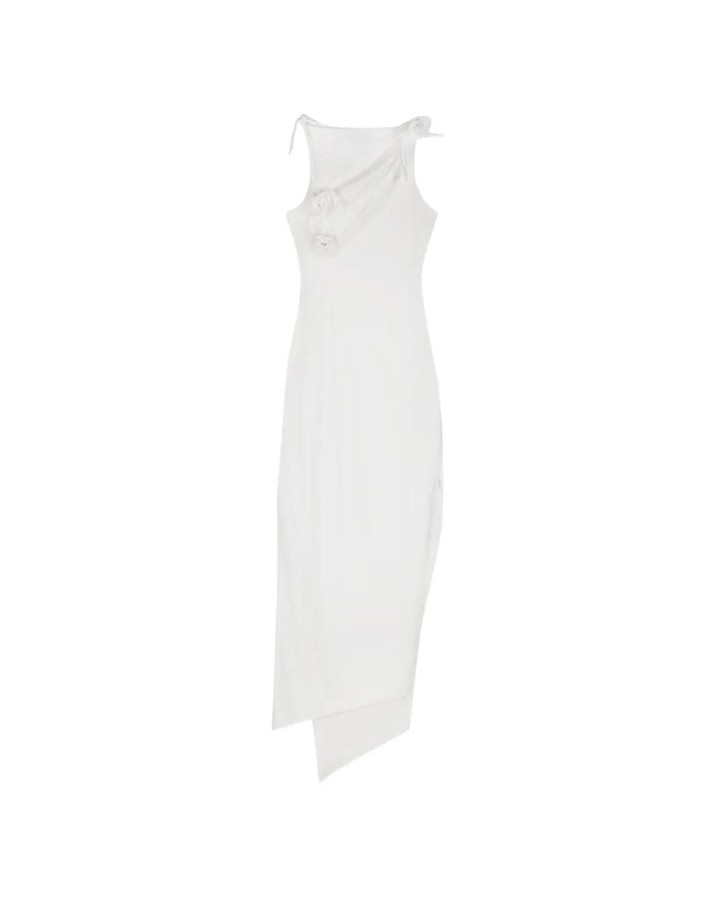 Coperni White Long High-Sheen Jersey Asymmetric Flower Dress With Knotted Fabric Flowers.<Br