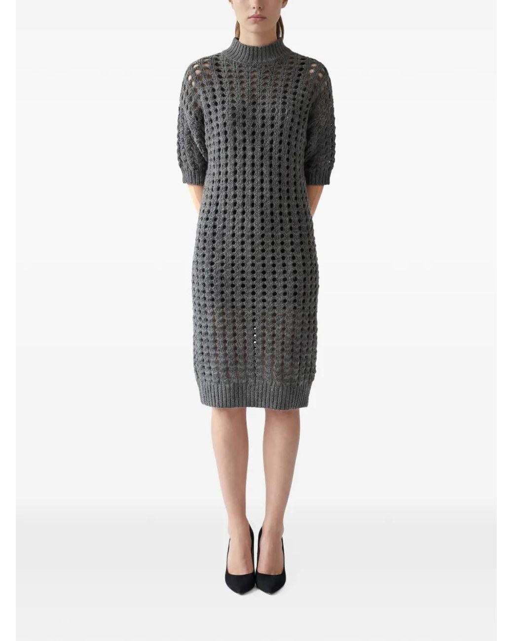 Brunello Cucinelli Black Perforated Knit Midi Dress