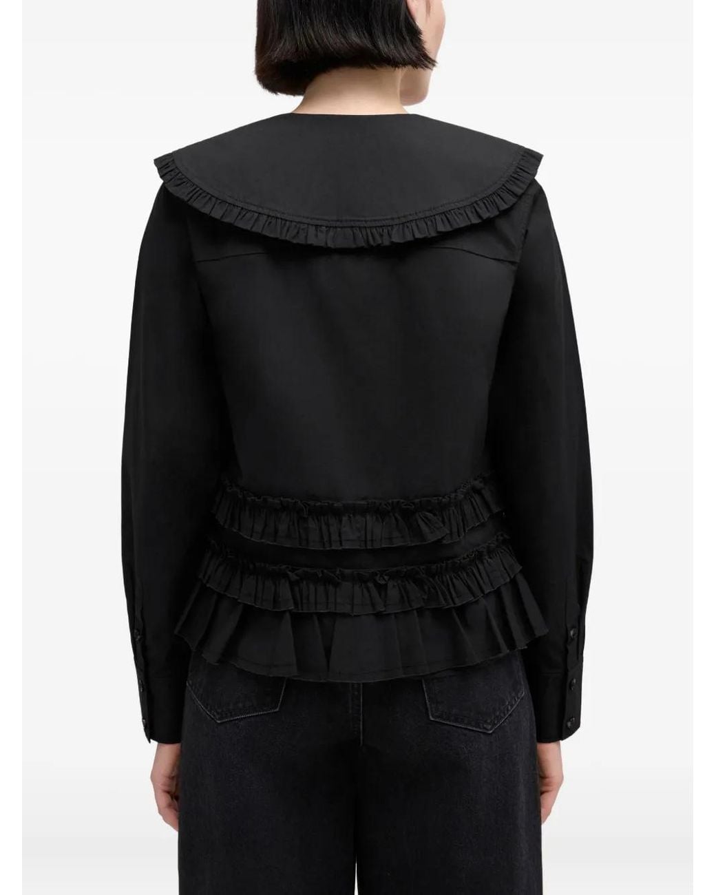 Ganni Black Stretch Cotton Ruffle Shirt