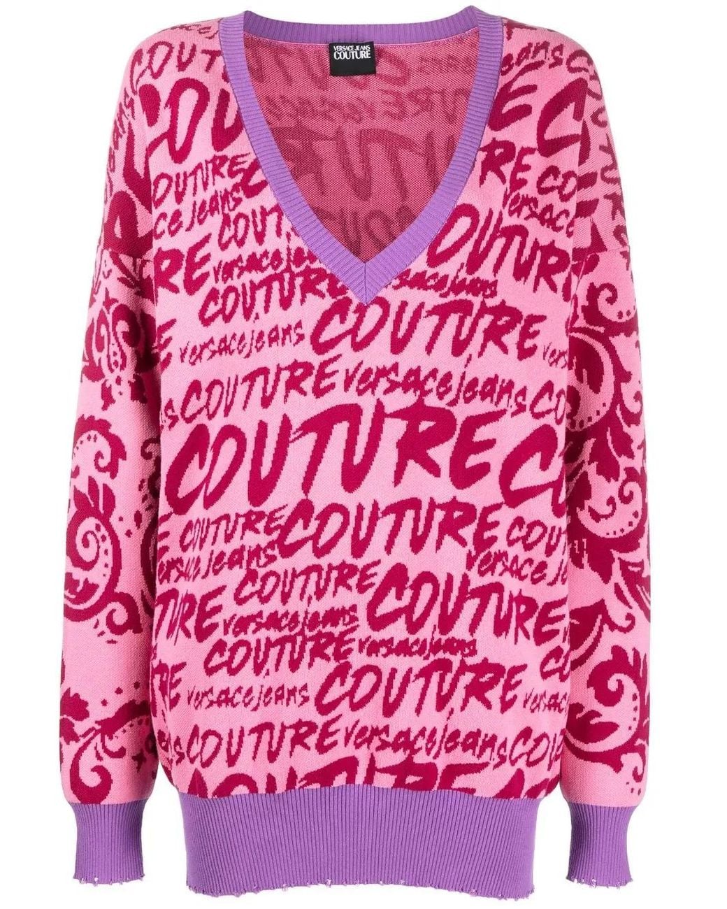 Versace Jeans Couture Pink Logo-Intarsia V-Neck Jumper
