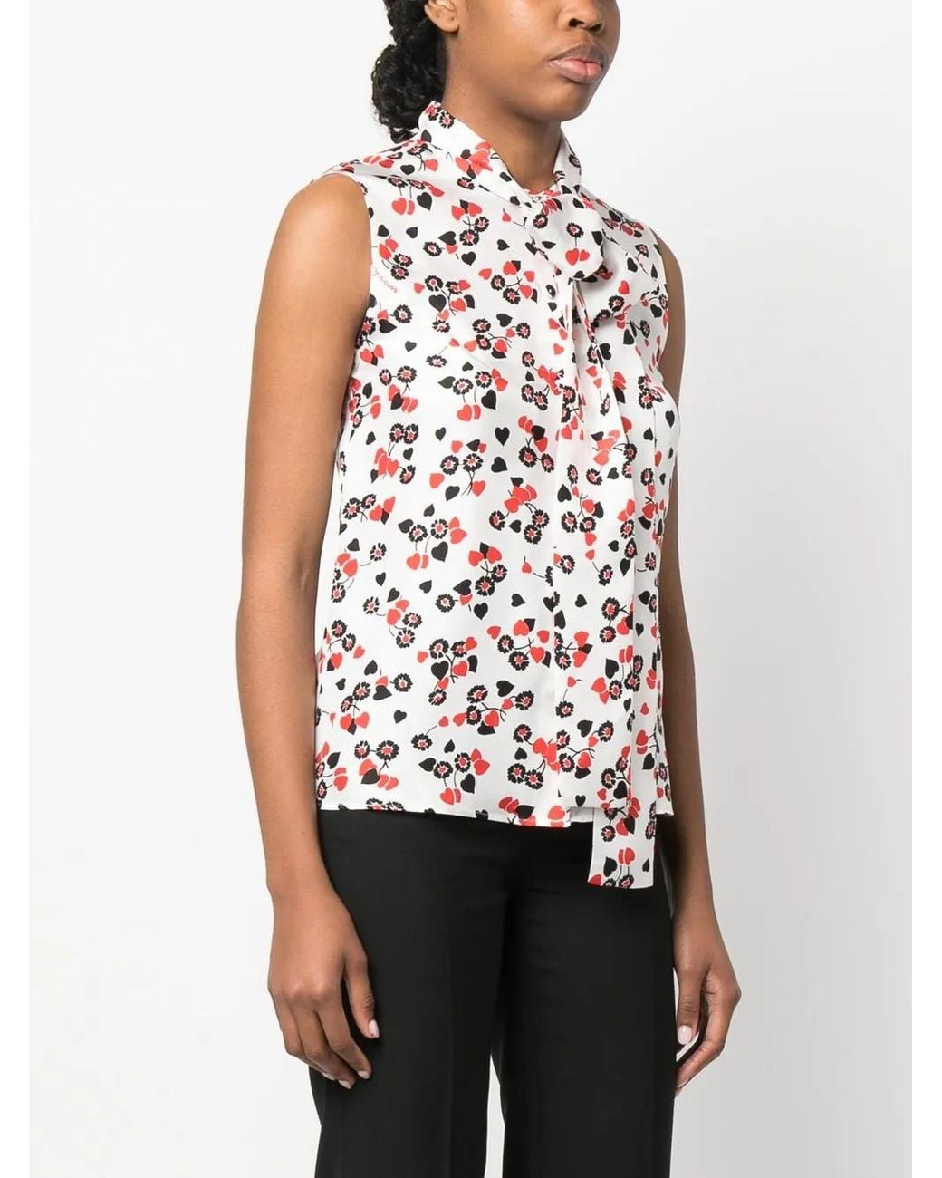 Moschino Red Floral-Print Pussy-Bow Collar Top