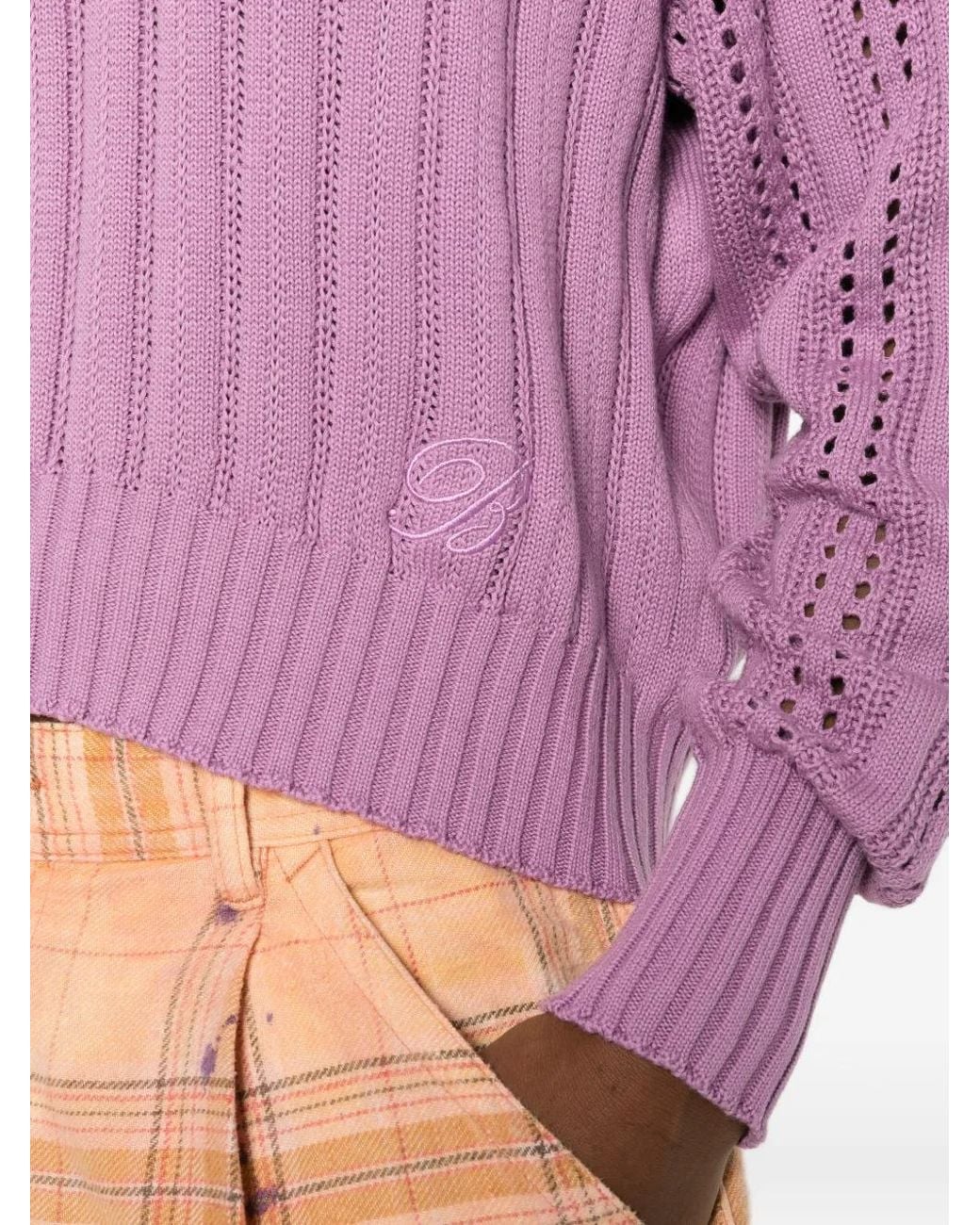 Blumarine Purple V-Neck Openwork Sweater