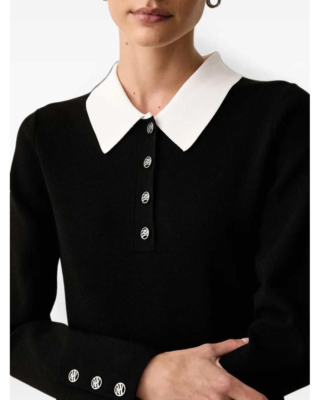 Karl Lagerfeld Black Logo-Button Contrast-Collar Midi Dress