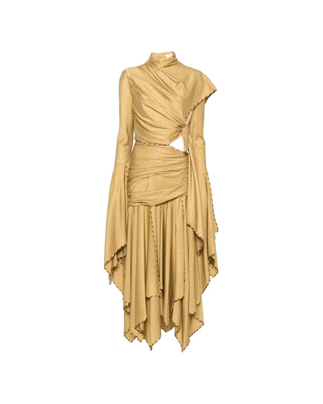 Zimmermann Metallic Monogram-Print Asymmetric Maxi Dress