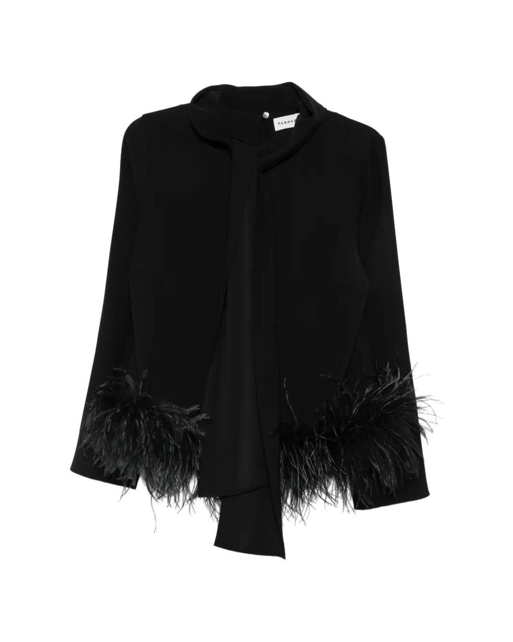 P.A.R.O.S.H. Black Feather-Trim Pussy-Bow Blouse