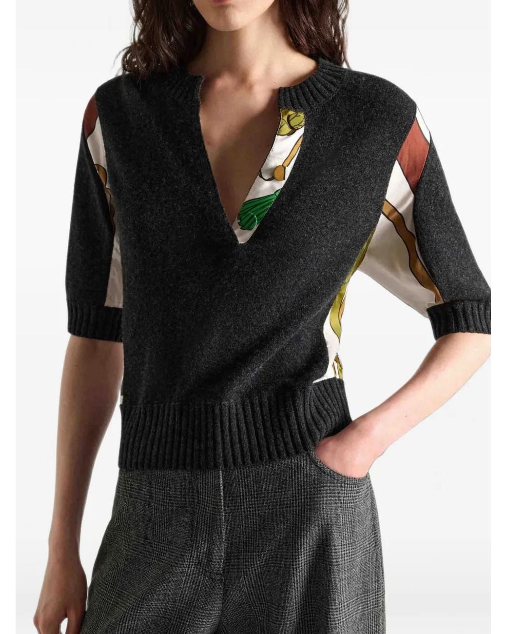 Dorothee Schumacher Black Foulard Statements V-Neck Patchwork Short-Sleeve Top