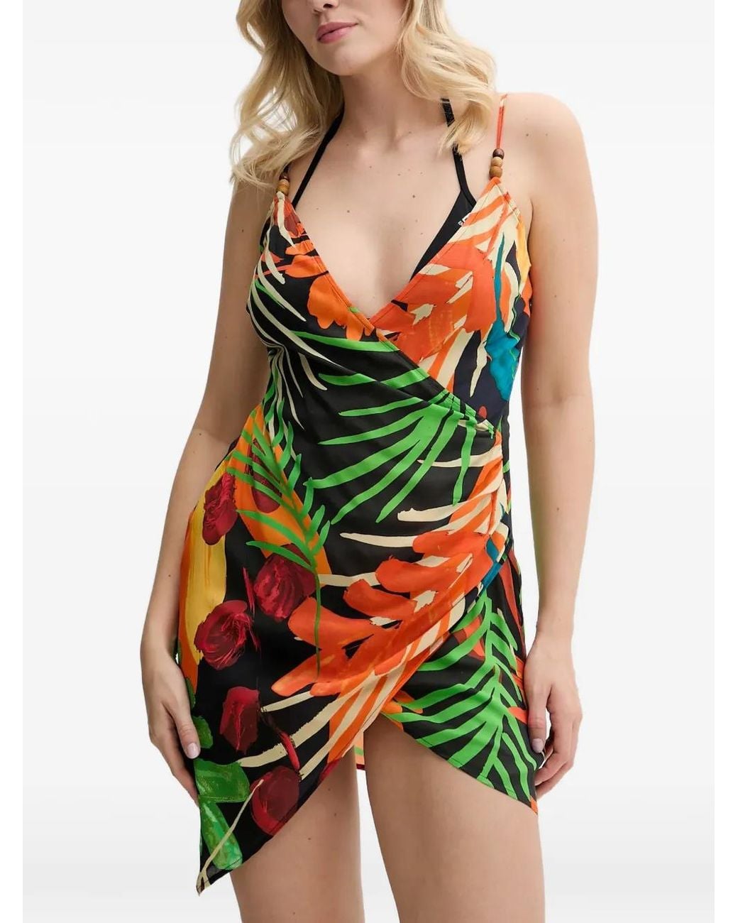 Desigual Green Tropical-Print Wrap-Style Beach Dress