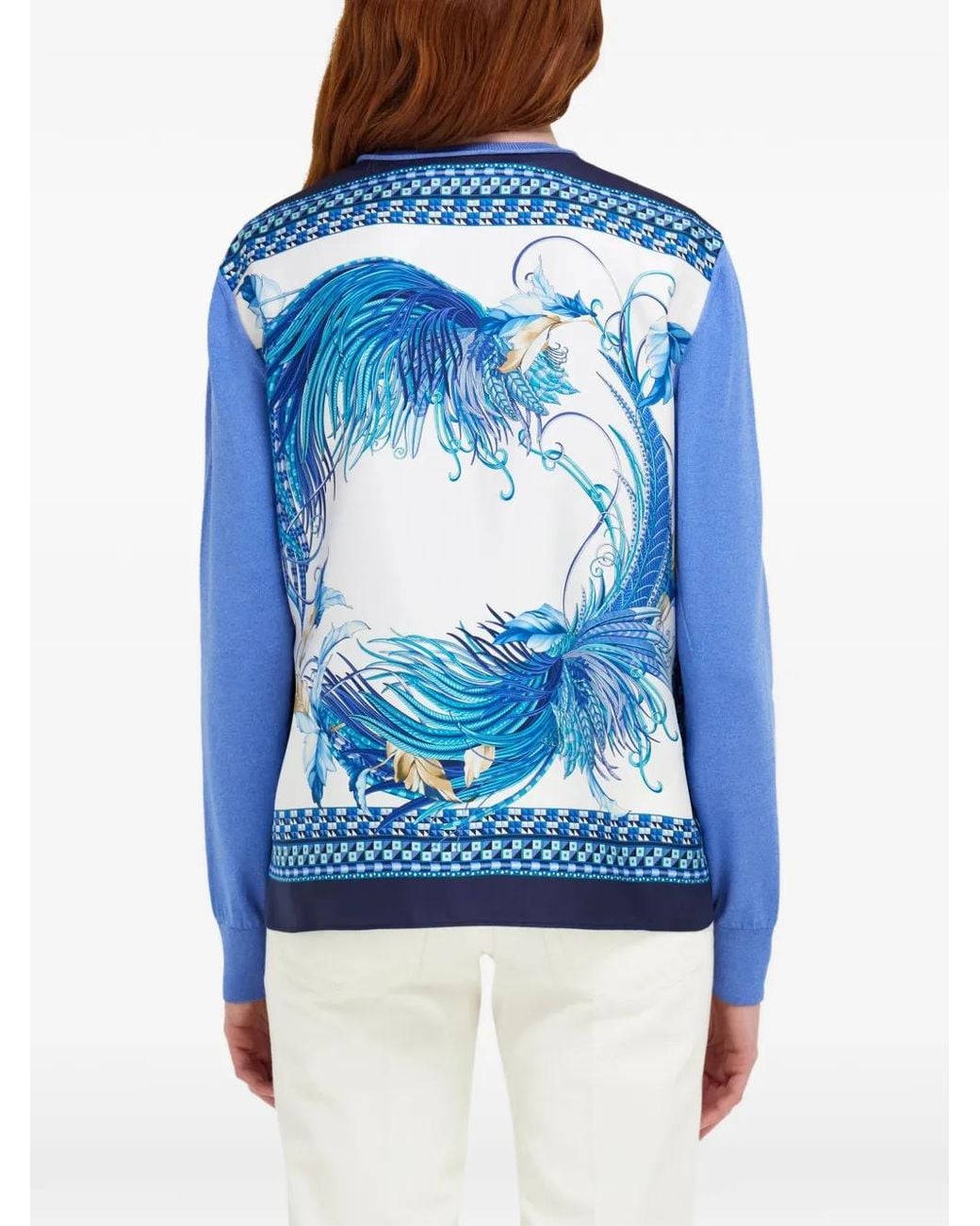 Ferragamo Blue Feather Show Print Crew-Neck Cardigan
