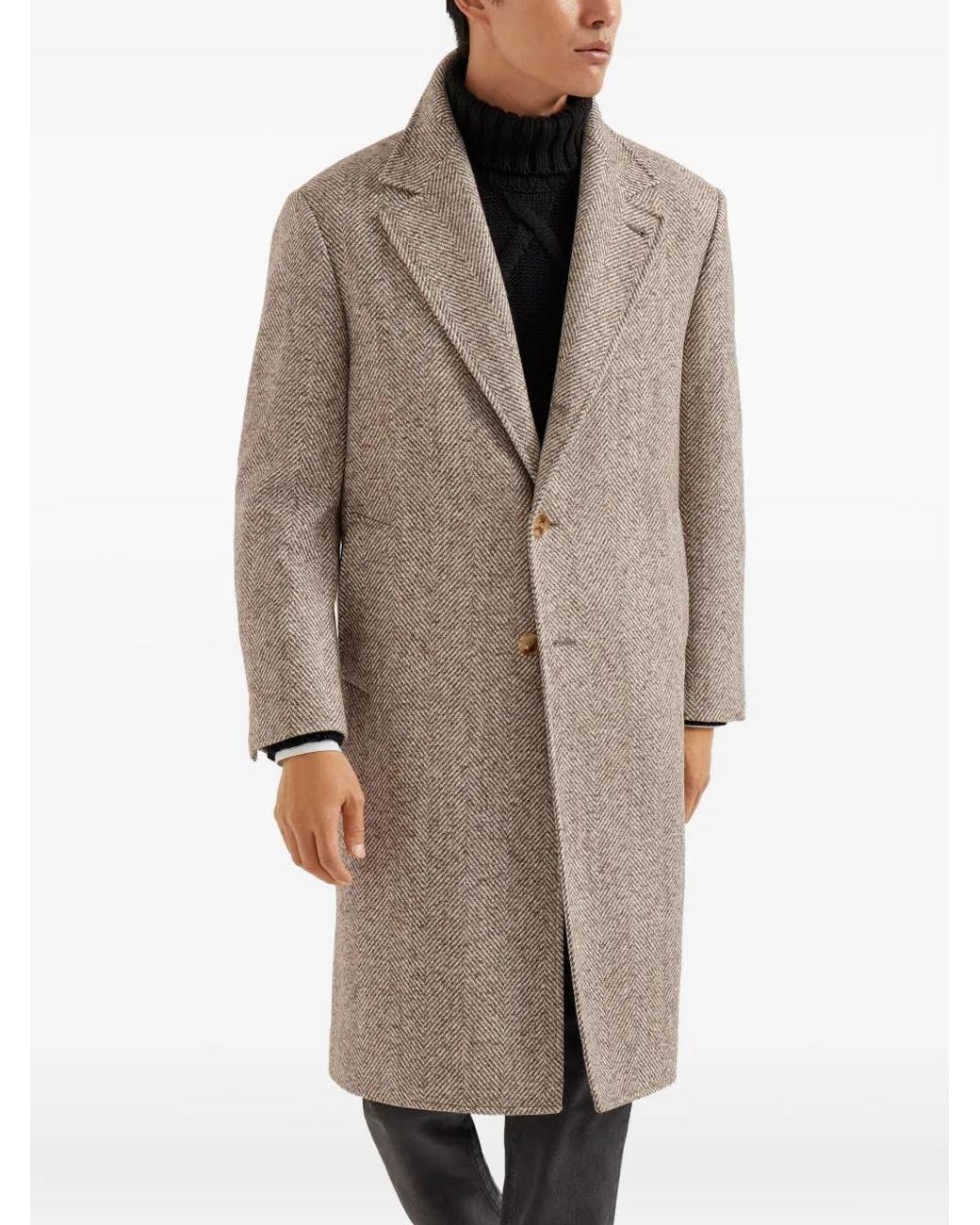 Brunello Cucinelli Natural Chevron-Pattern Single-Breasted Coat for men