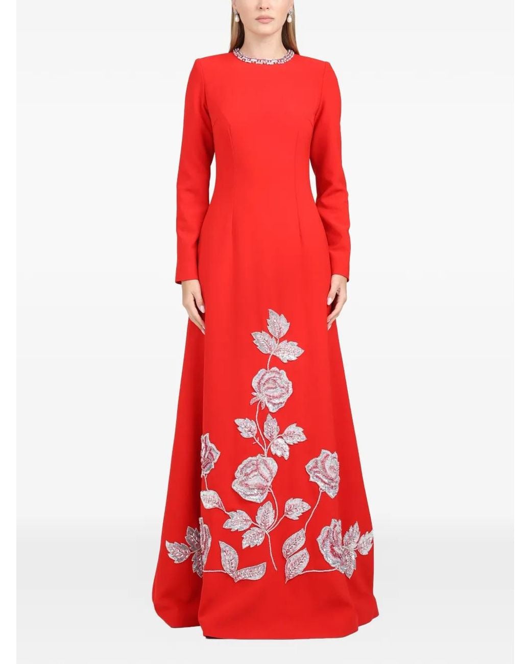Dina Melwani Floral Embroidered Column Maxi Dress