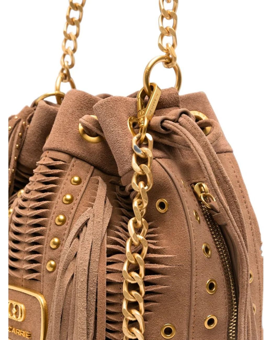 La Carrie Natural Apallosa Fringed Stud-Embellished Bucket Bag