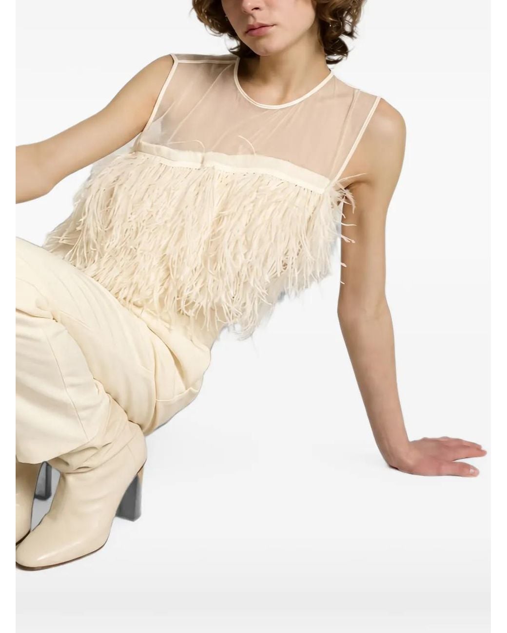 Alberta Ferretti White Feather-Trim Mesh-Panel Top