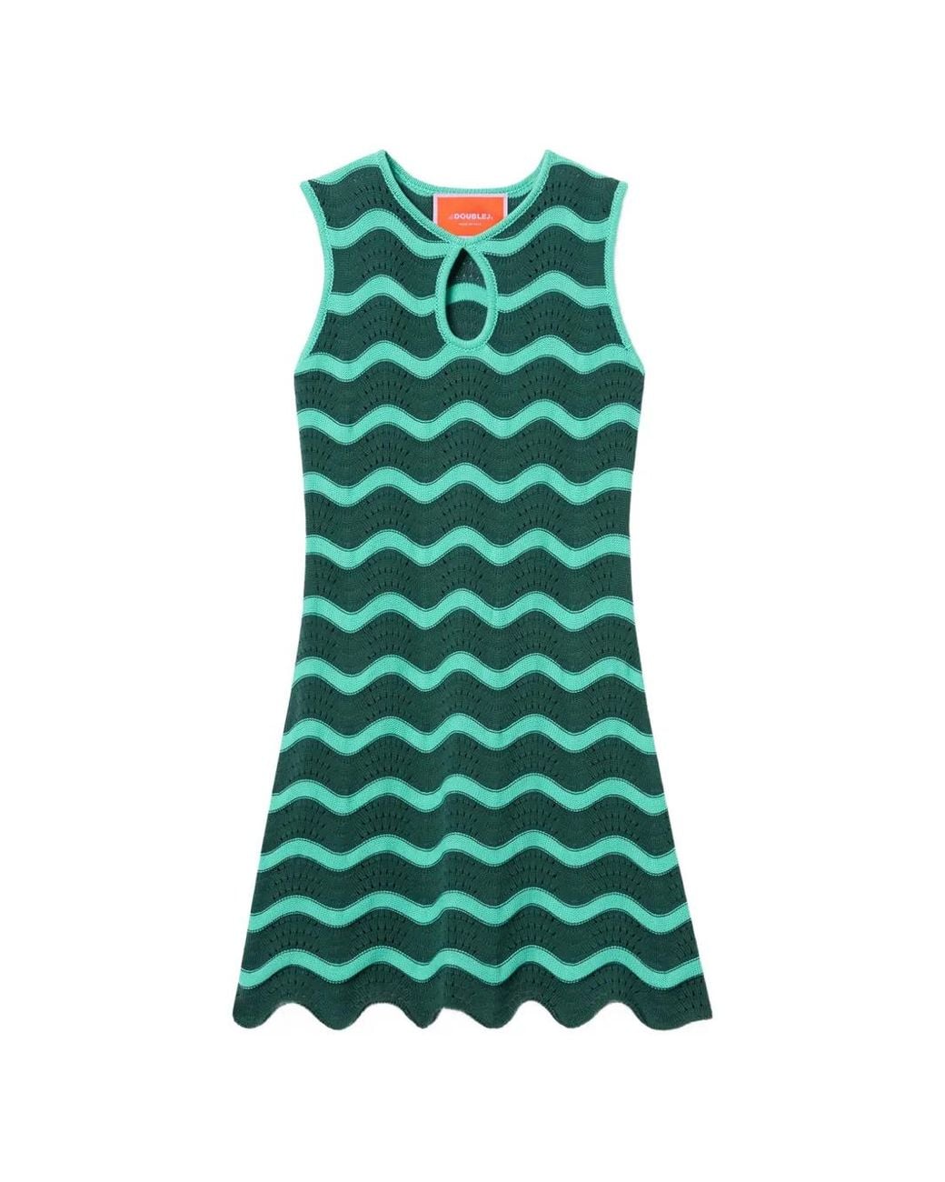 LaDoubleJ Green Wavy Crochet-Knit Mini Dress