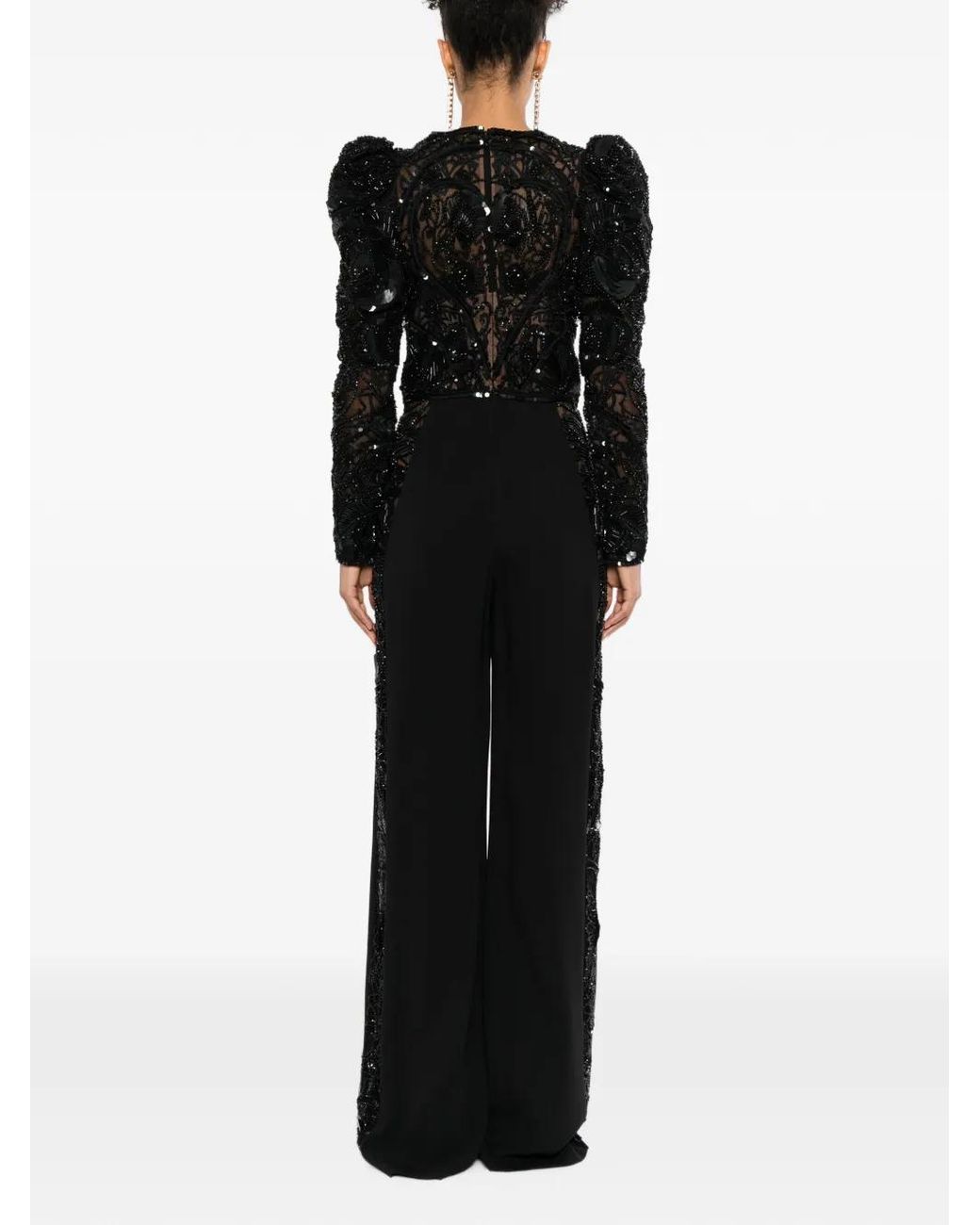 Elie Saab Black Beaded Juliet-Sleeve Jumpsuit