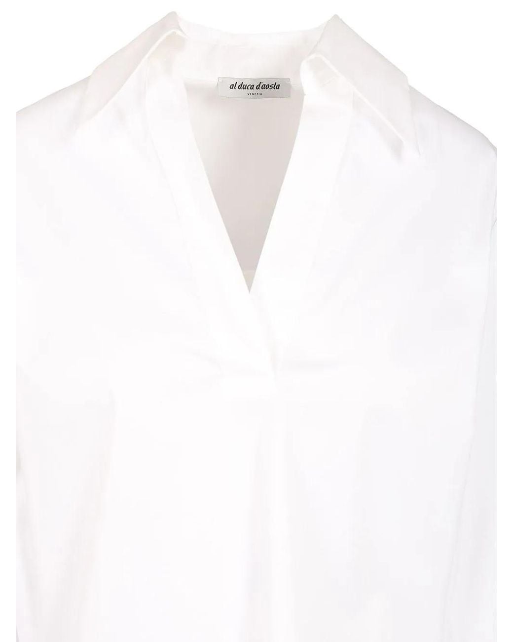 Al Duca D'aosta White V-Neck Spread-Collar Cotton Blouse