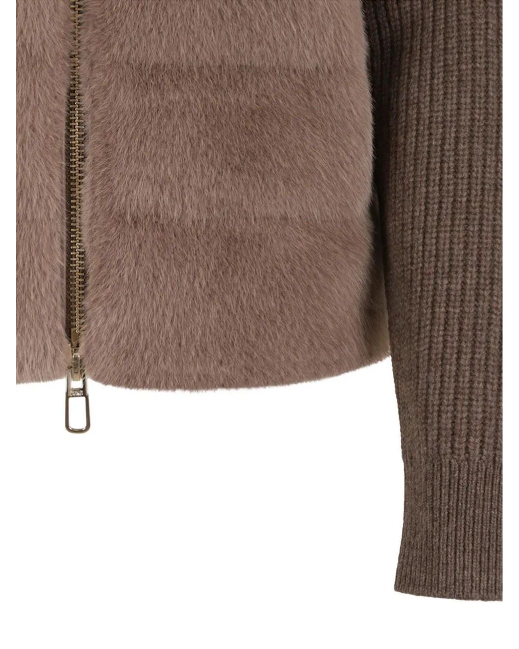 DUNO Brown Nila Faux-Fur Panelled Ribbed-Knit Jacket