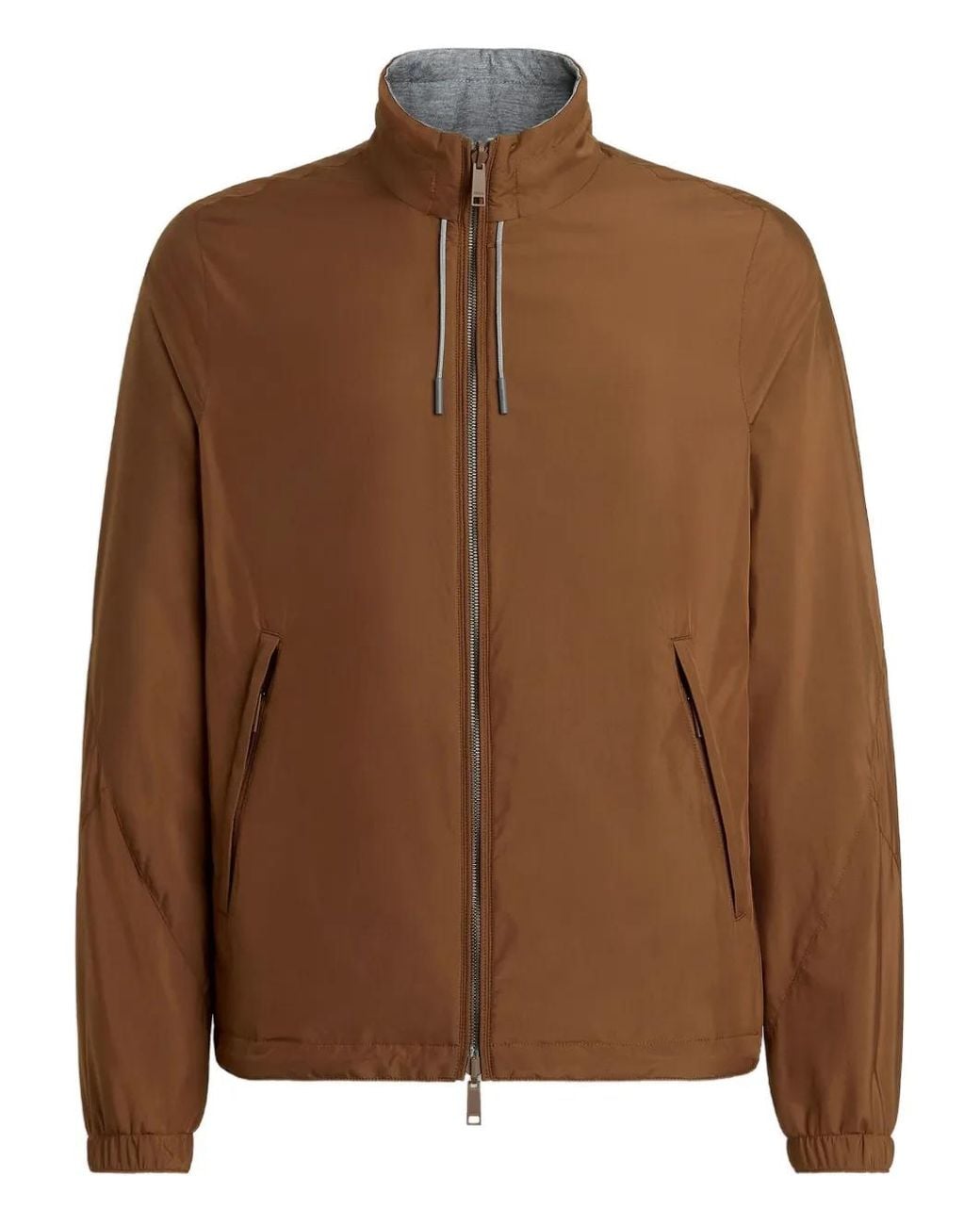 Zegna Brown Zip-Up Leather-Detail Jacket for men