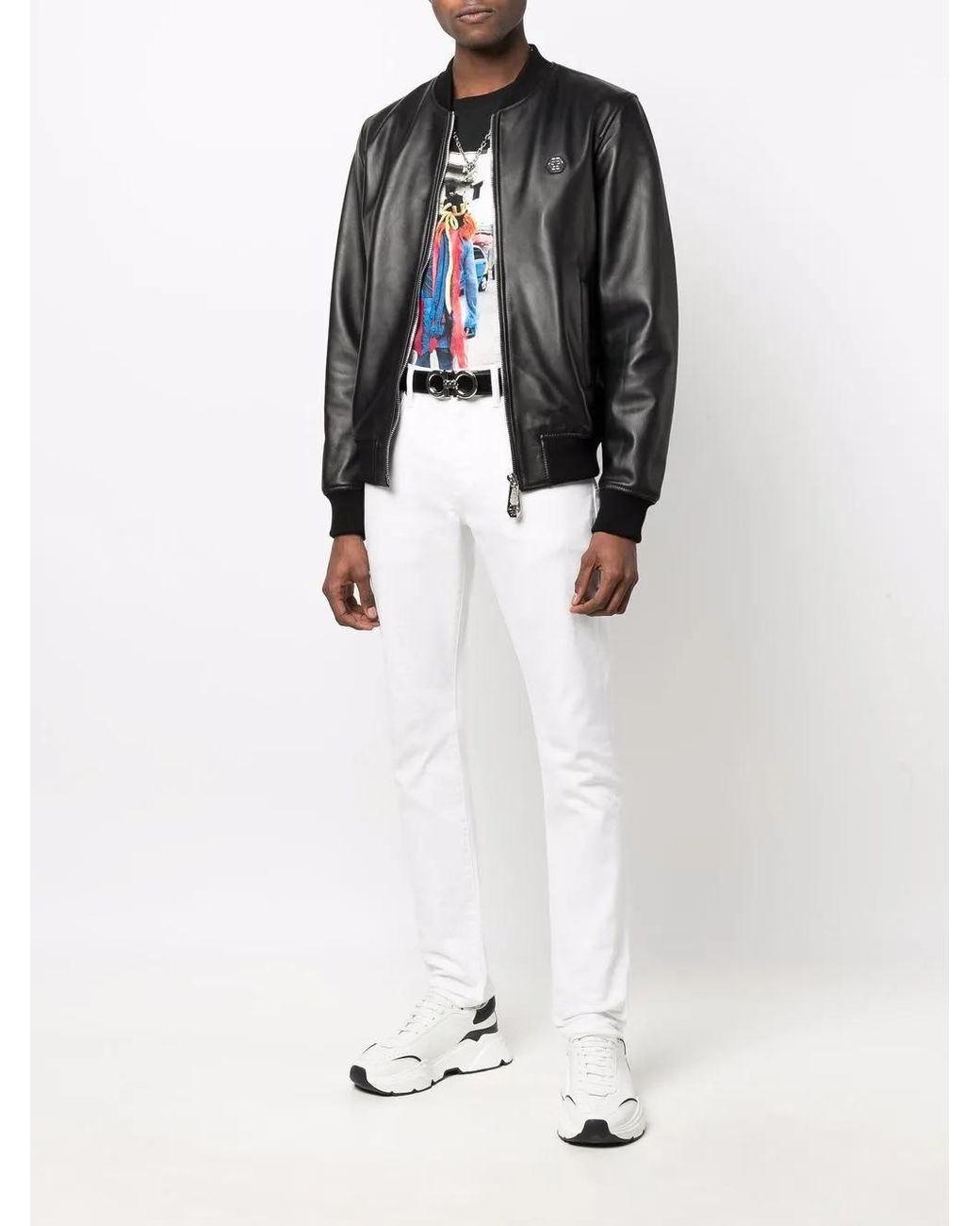 Philipp Plein Black Leather Bomber Jacket for men